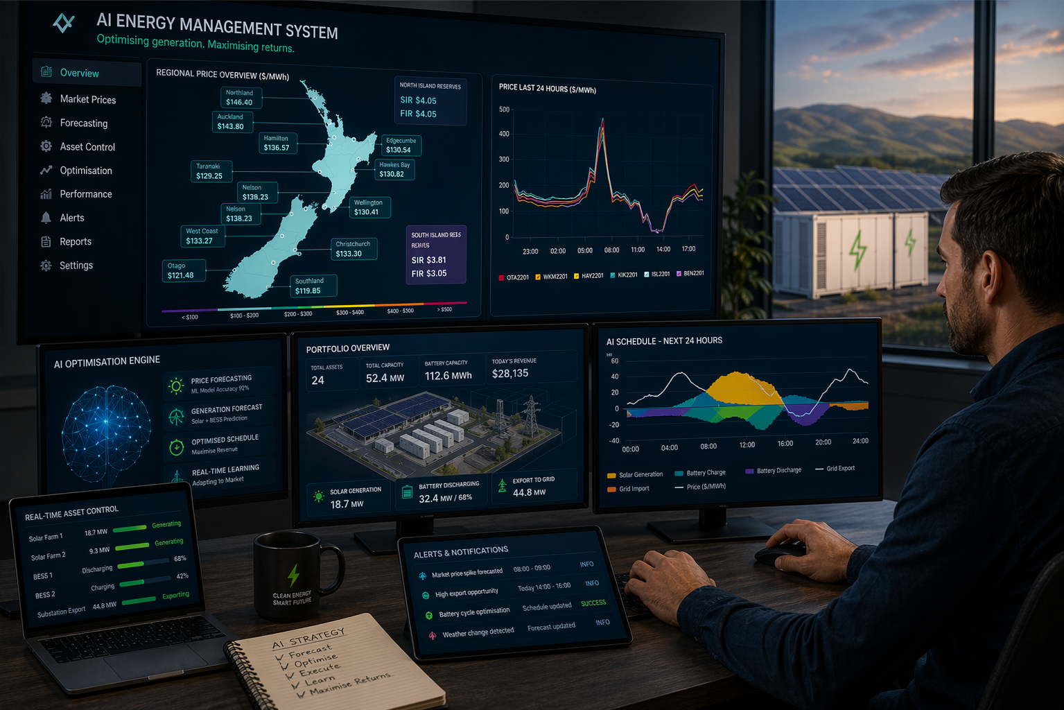 AI energy management dashboard optimising solar and battery storage revenue