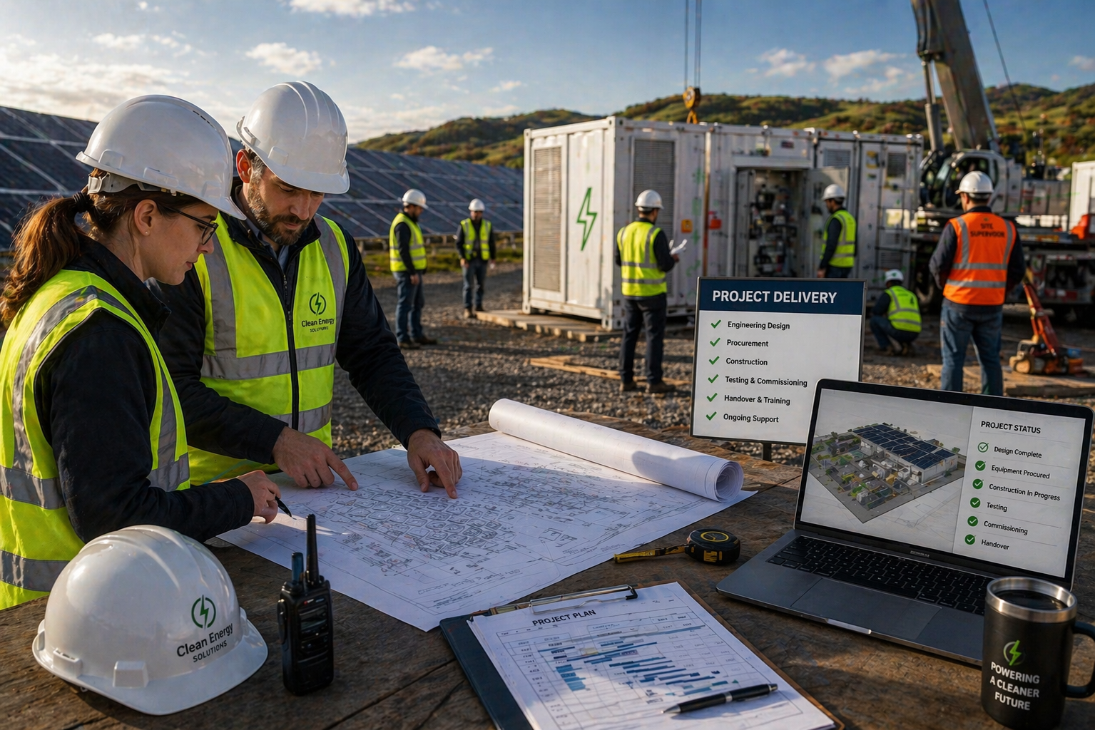Engineering project delivery team at solar PV and BESS construction site