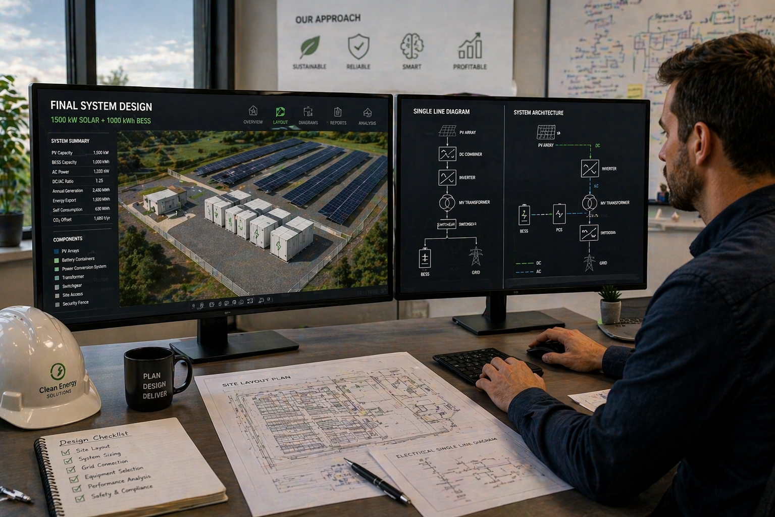 Engineer designing a solar PV and BESS system on monitors