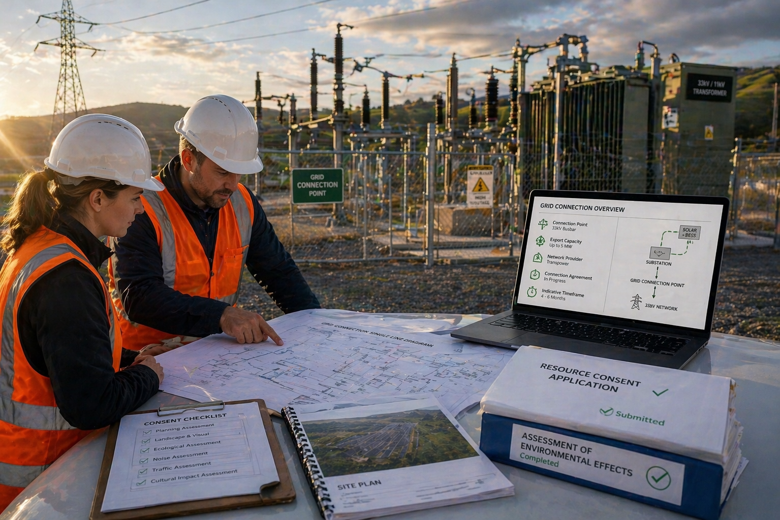 Engineers reviewing grid connection and resource consent infrastructure