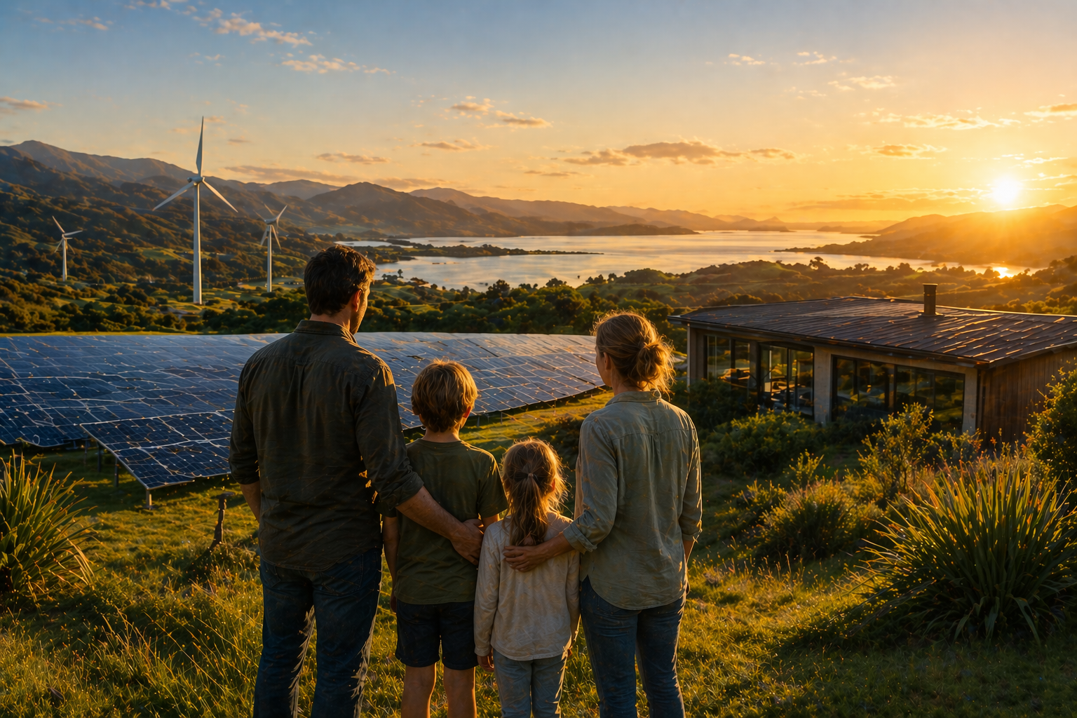 Family overlooking renewable energy assets representing long-term revenue