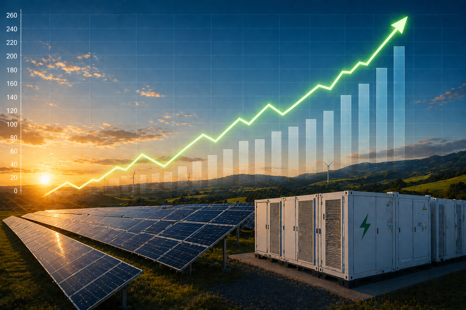 Solar farm with financial growth graph representing maximum ROI